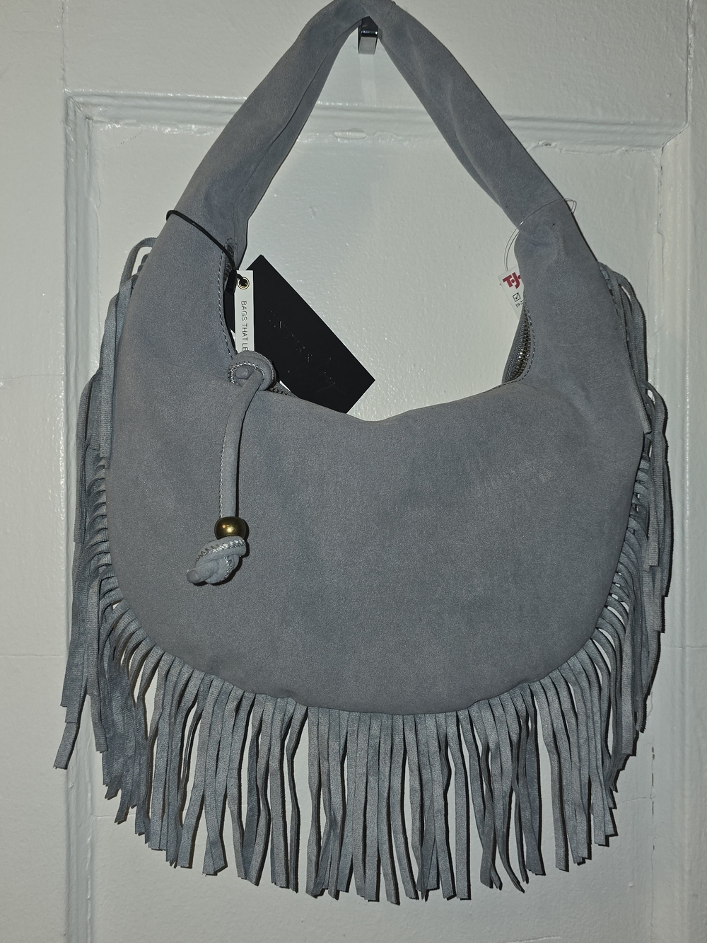 Fringed Gray Suede Shoulder Bag